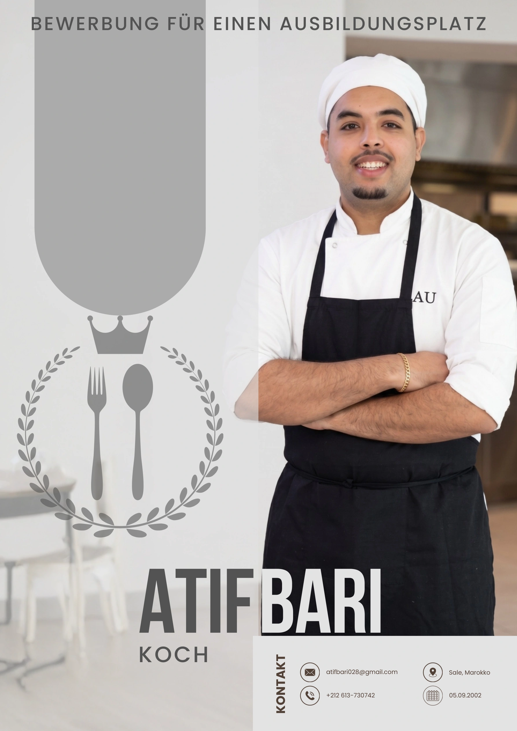 Titelseite einer für Atif Bari gestalteten Bewerbungsmappe Gastronomie