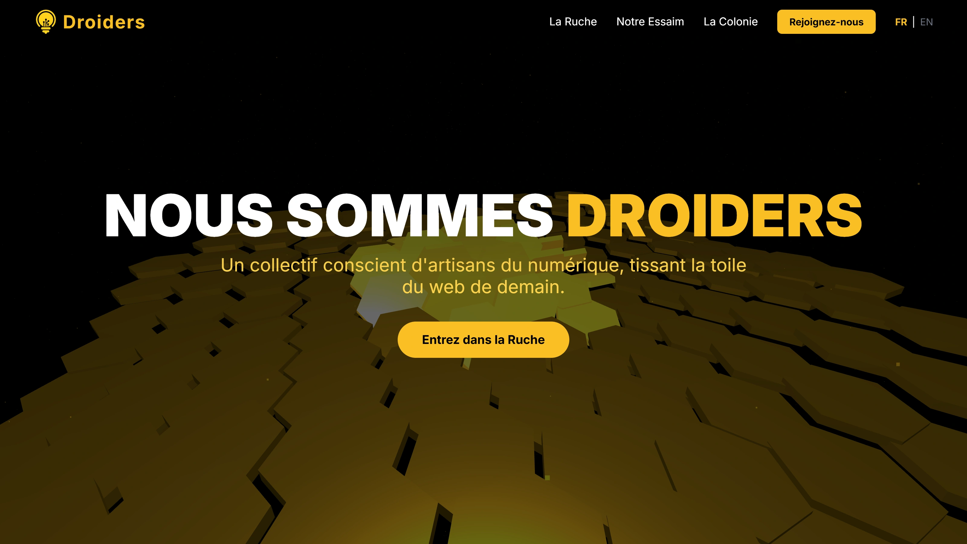 Startseite der Droiders-Website mit markanter Typografie in Schwarz, Weiß und Gelb