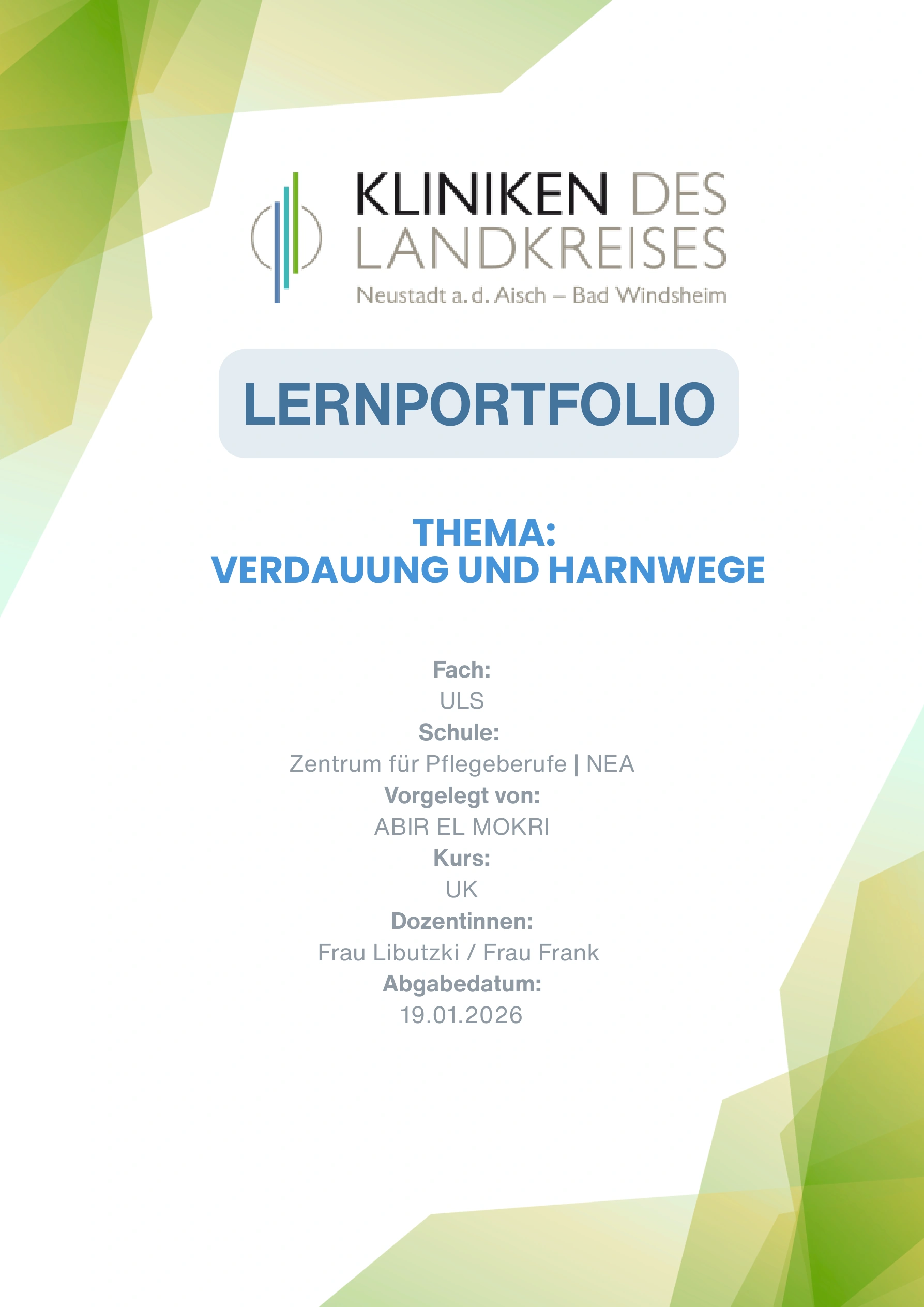 Titelseite eines klinischen Lernportfolios über Verdauung und Harnwege