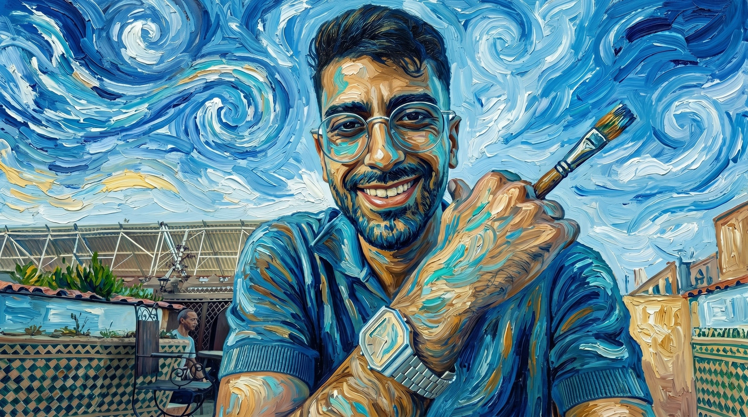 Illustriertes Porträt von Abdelghani El Yagoubi mit einem Pinsel